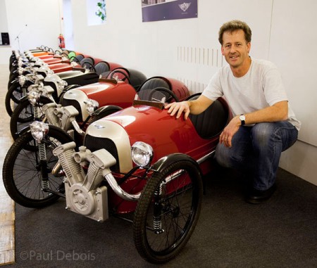 Paul Debois with three wheeler Morgan pedal cars