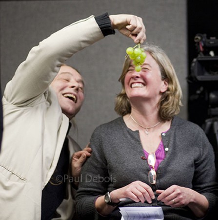 Bob Flowerdew trialing some grapes with Rosie Yeomans at the 2010 Christmas recording of Gardeners' Question Time