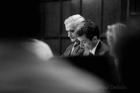 The defendants, Mr Tench and Mr Bannerman, played by Nicholas Deal and Robert Hilder at Ecocide mock trial at Supreme Court, London, 30-9-11