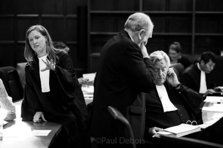 Jane Russell from Tooks Chambers, Peter Robinson, Expert witness and Michael Mansfield QC, at Ecocide mock trial, Supreme Court, London, 30-9-11