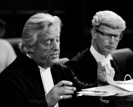 Michael Mansfield QC, with Christopher Parker QC in background, at Ecocide mock trial, Supreme Court, London, 30-9-11