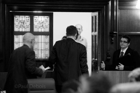 The jury leaving to decide on the verdict, Ecocide mock trial at Supreme Court, London, 30-9-11