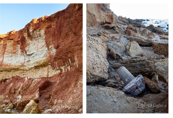 Soil erosion and fallen cliff top marker, Cala del Aceite