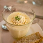 Lemon geranium posset, lemon geranium sherbet and orange thyme shortbread.